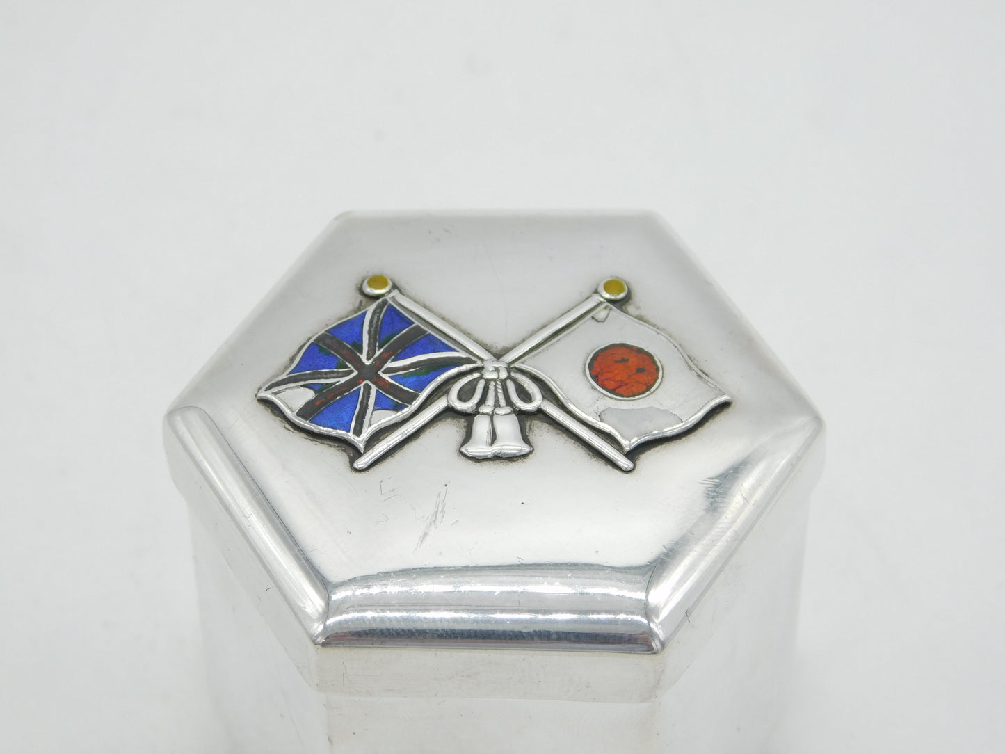 WW1 Japanese Miyamoto Sterling Silver Enamel UK & Japan Allied Flag Box Antique c1914