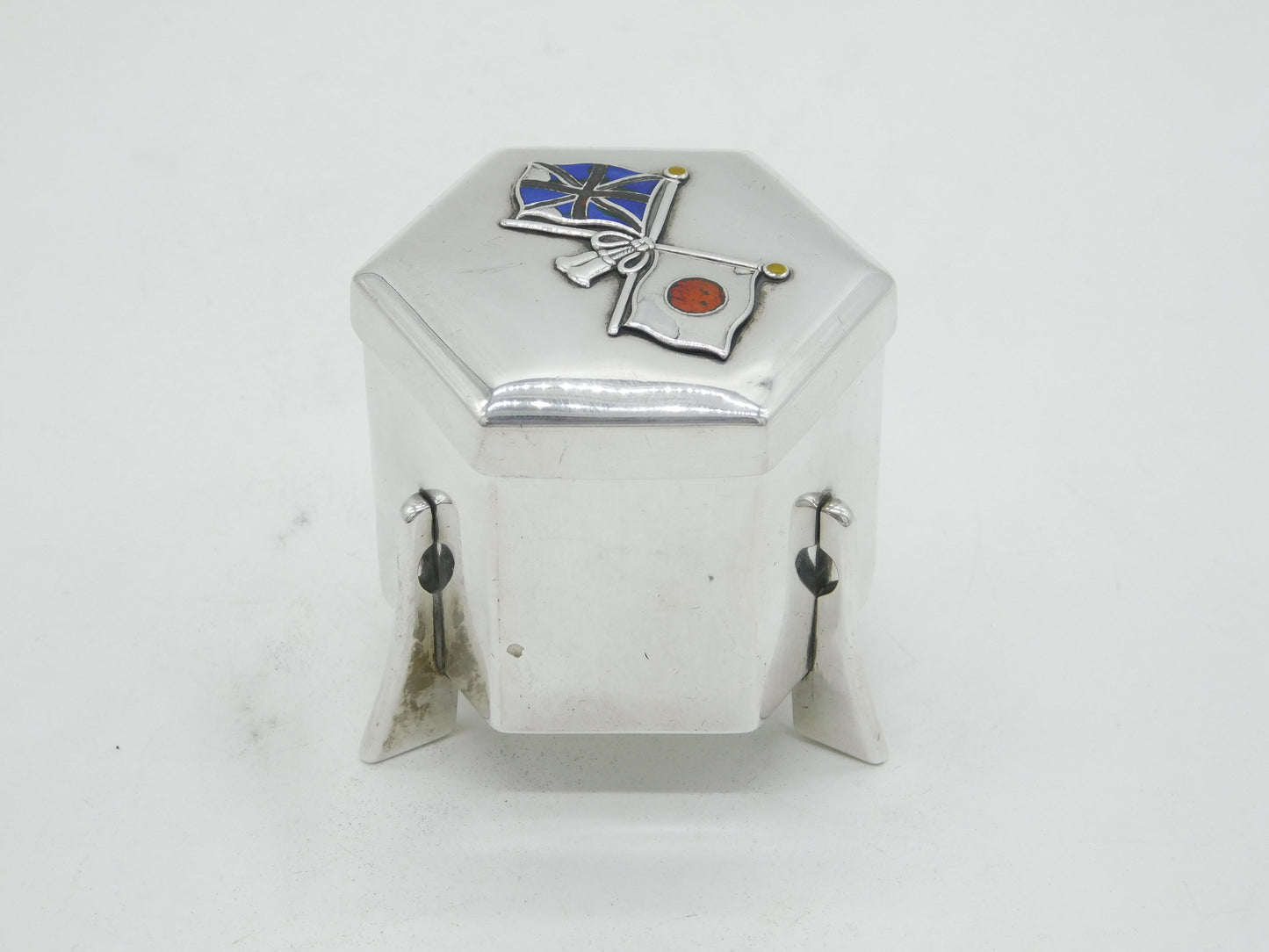 WW1 Japanese Miyamoto Sterling Silver Enamel UK & Japan Allied Flag Box Antique c1914