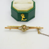 Edwardian 9ct Yellow Gold Seed Pearl Set Floral Sweetheart Brooch Antique c1910