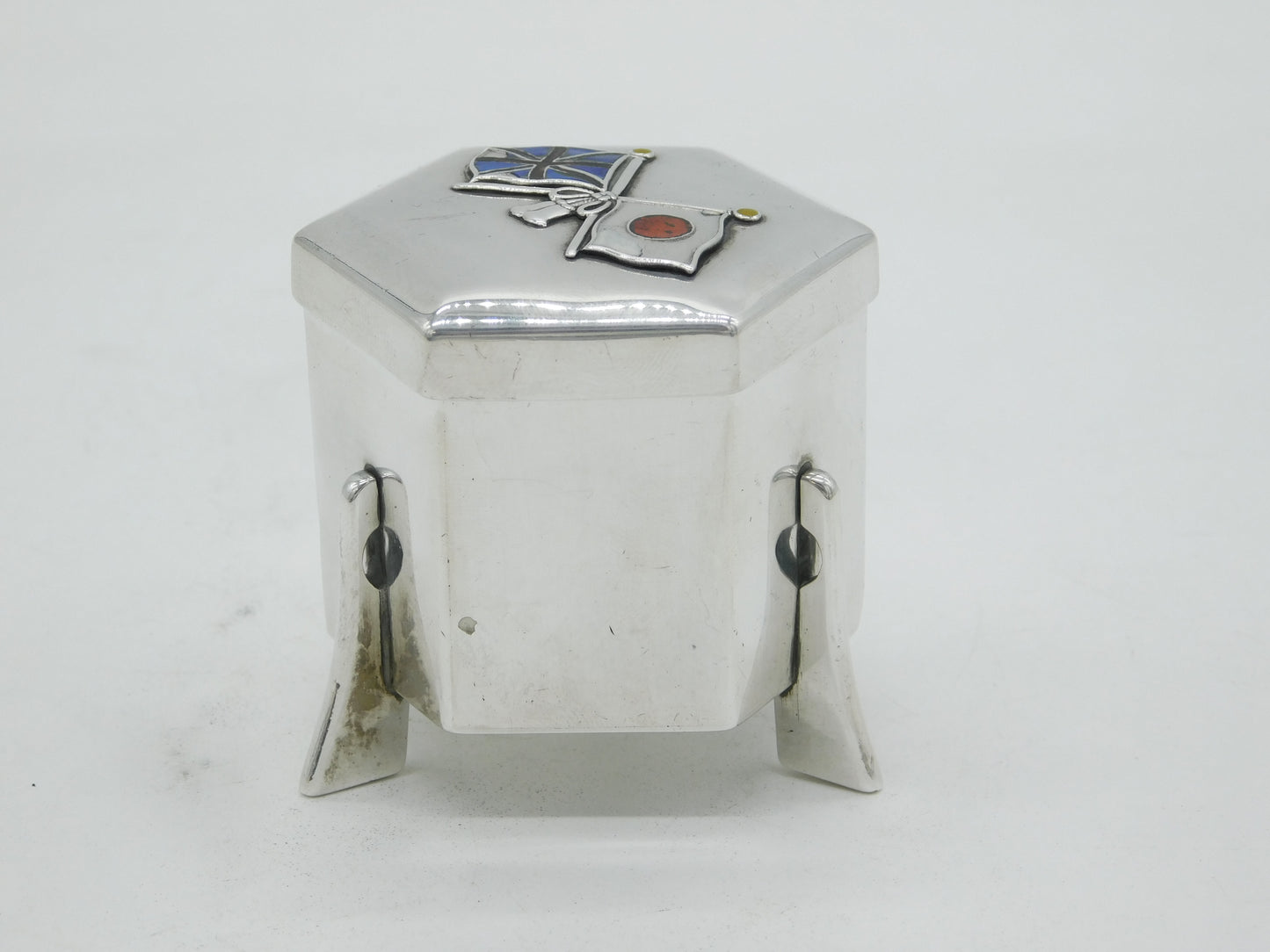 WW1 Japanese Miyamoto Sterling Silver Enamel UK & Japan Allied Flag Box Antique c1914