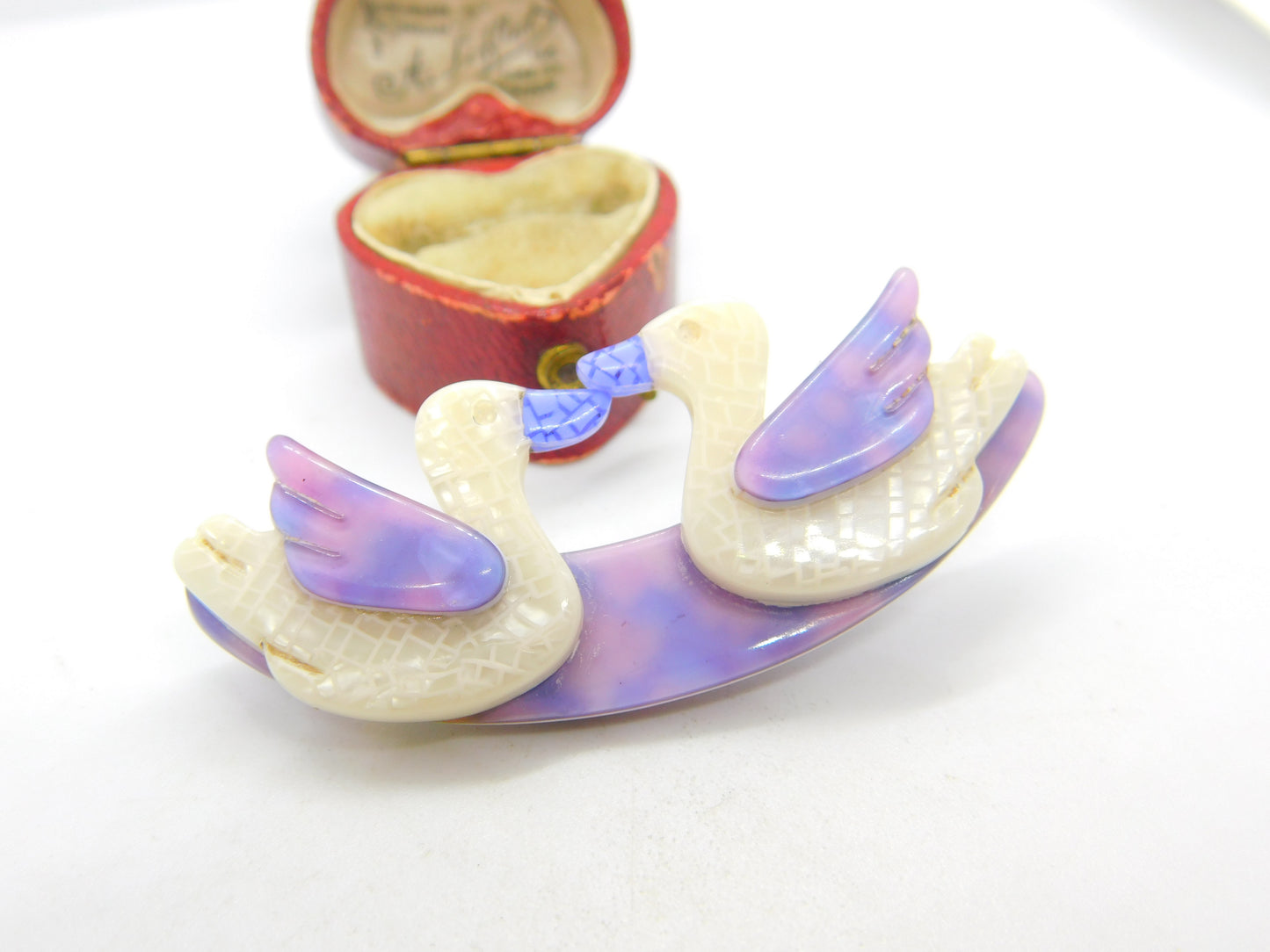 Lea Stein Paris Pair of Swans Kissing Brooch Pin Vintage c1960 French