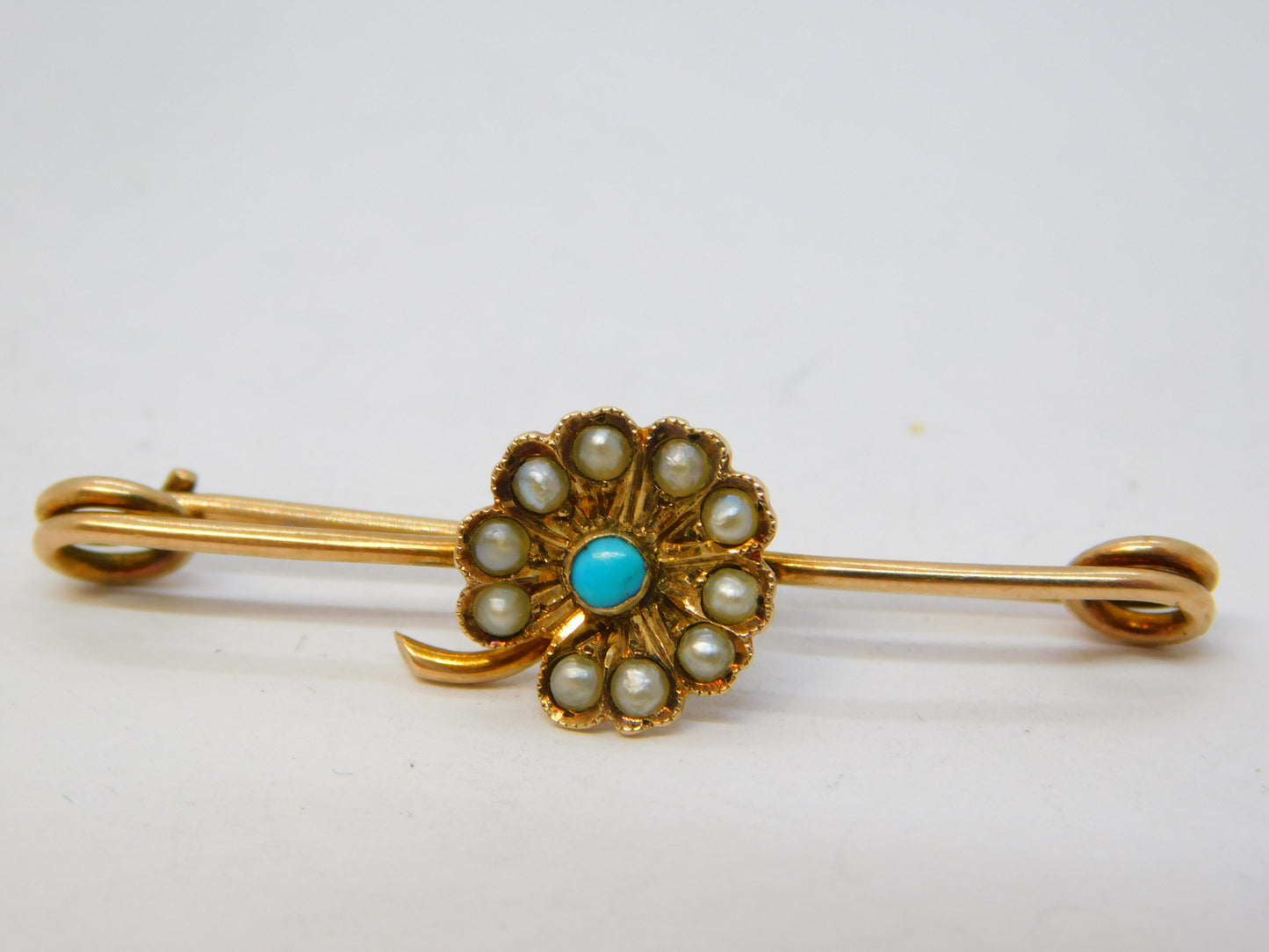Murrle Bennett & Co 9ct Gold, Seed Pearl, Turquoise Floral Brooch Antique c1910