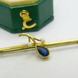 Edwardian 15ct Yellow Gold, Sapphire & Seed Pearl Sweetheart Brooch Antique c1910