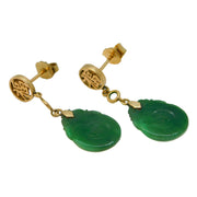 14ct Yellow Gold & Jade Panel Character Drop Earrings Vintage c1970