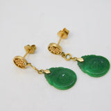 14ct Yellow Gold & Jade Panel Character Drop Earrings Vintage c1970