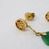 14ct Yellow Gold & Jade Panel Character Drop Earrings Vintage c1970