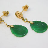 14ct Yellow Gold & Jade Panel Character Drop Earrings Vintage c1970
