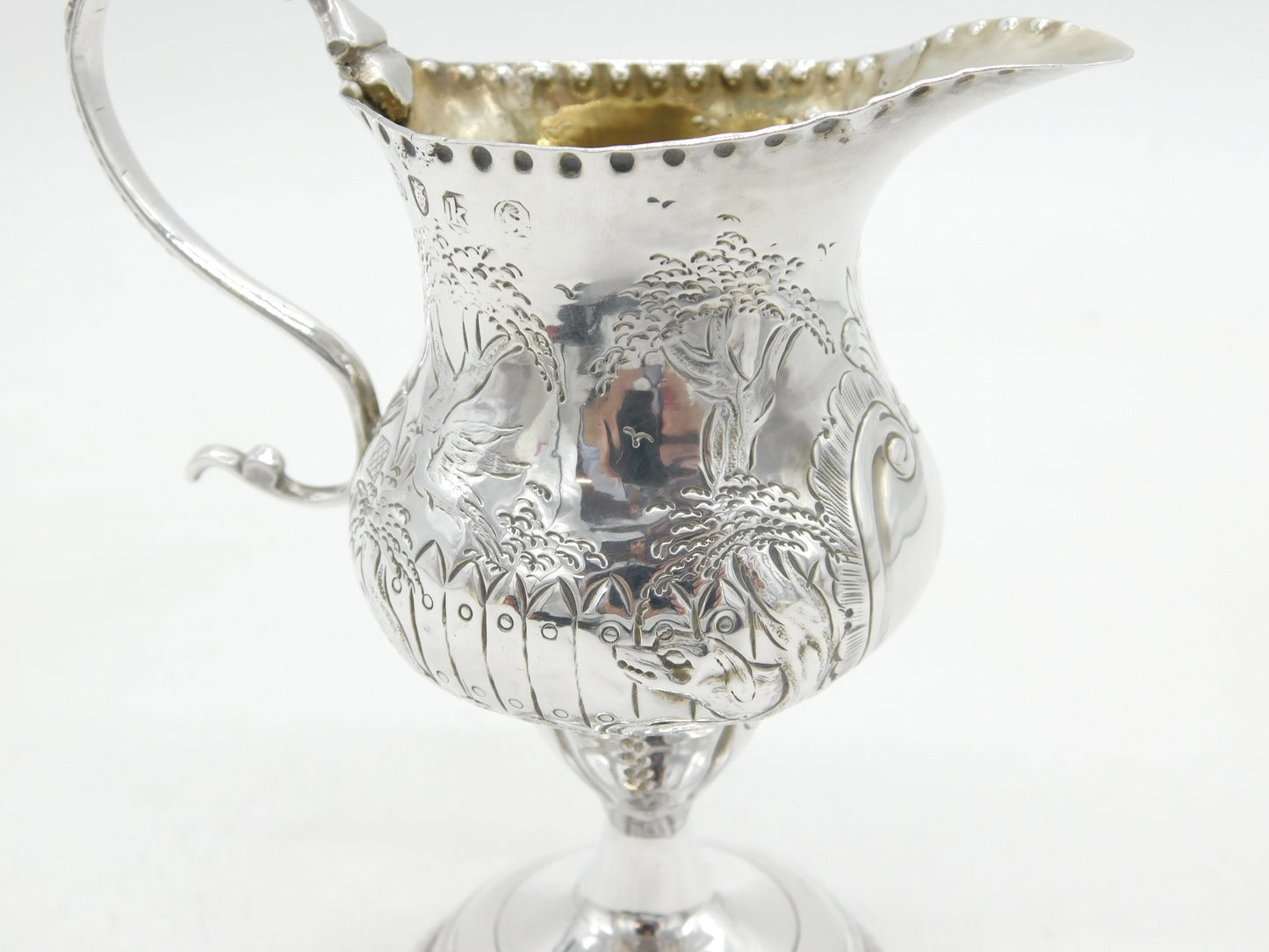 George III Sterling Silver Pedestal Farm Scene Cream Jug Antique 1785 London