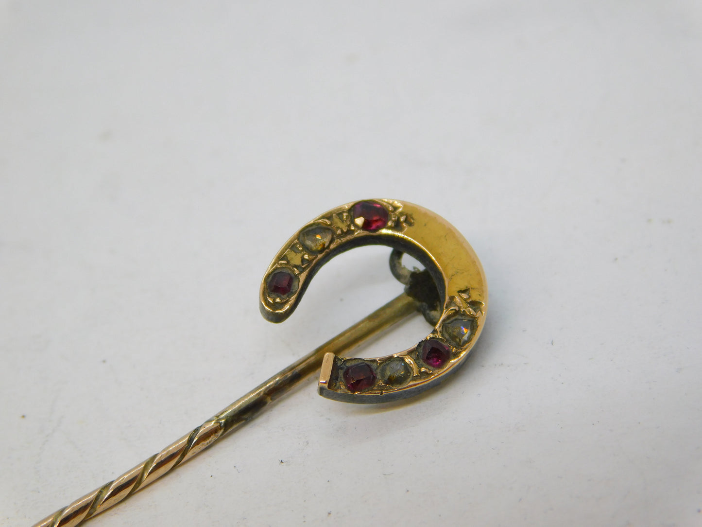 Victorian 15ct Yellow Gold, Diamond & Ruby Horseshoe Stick Pin Antique c1880