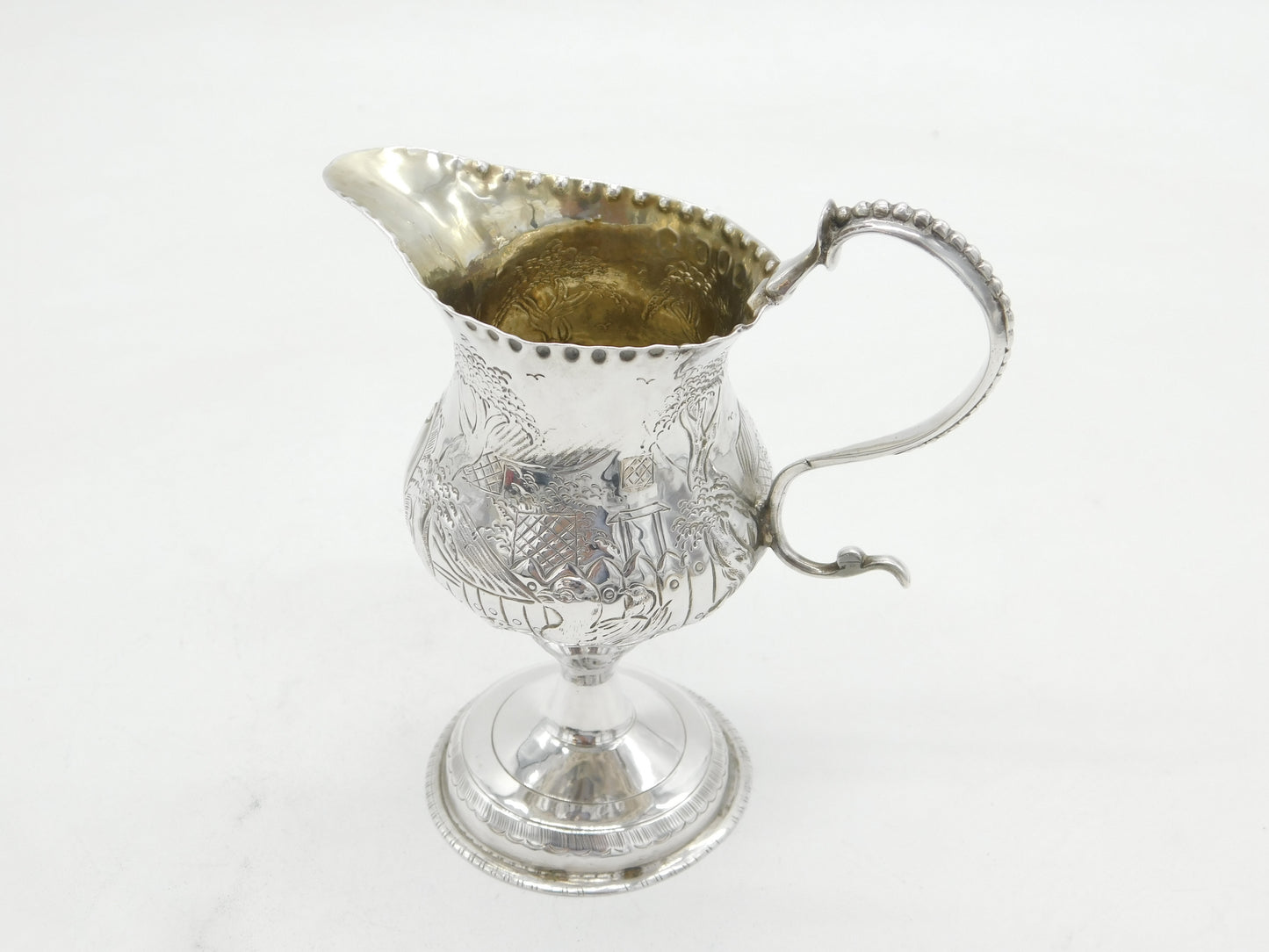 George III Sterling Silver Pedestal Farm Scene Cream Jug Antique 1785 London