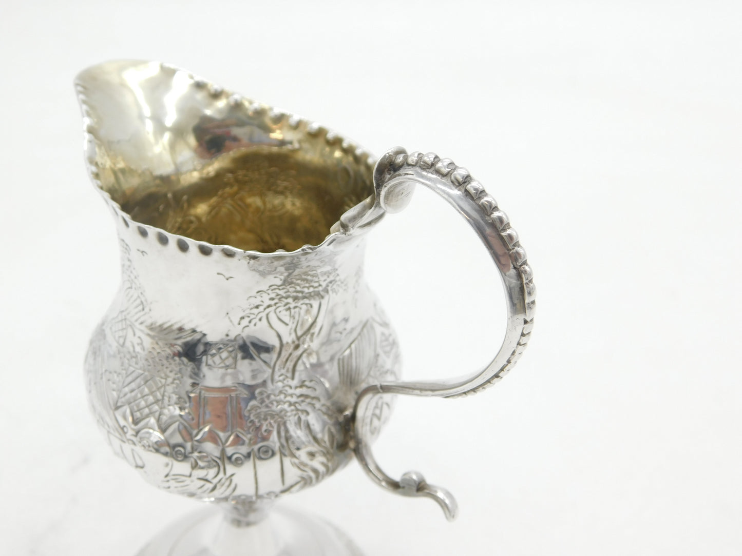 George III Sterling Silver Pedestal Farm Scene Cream Jug Antique 1785 London