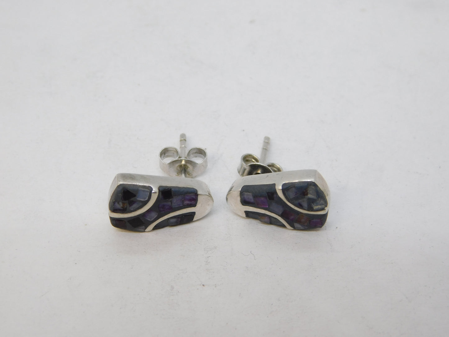 Sterling Silver Modernist Derbyshire Blue John Stud Earrings Vintage c1970