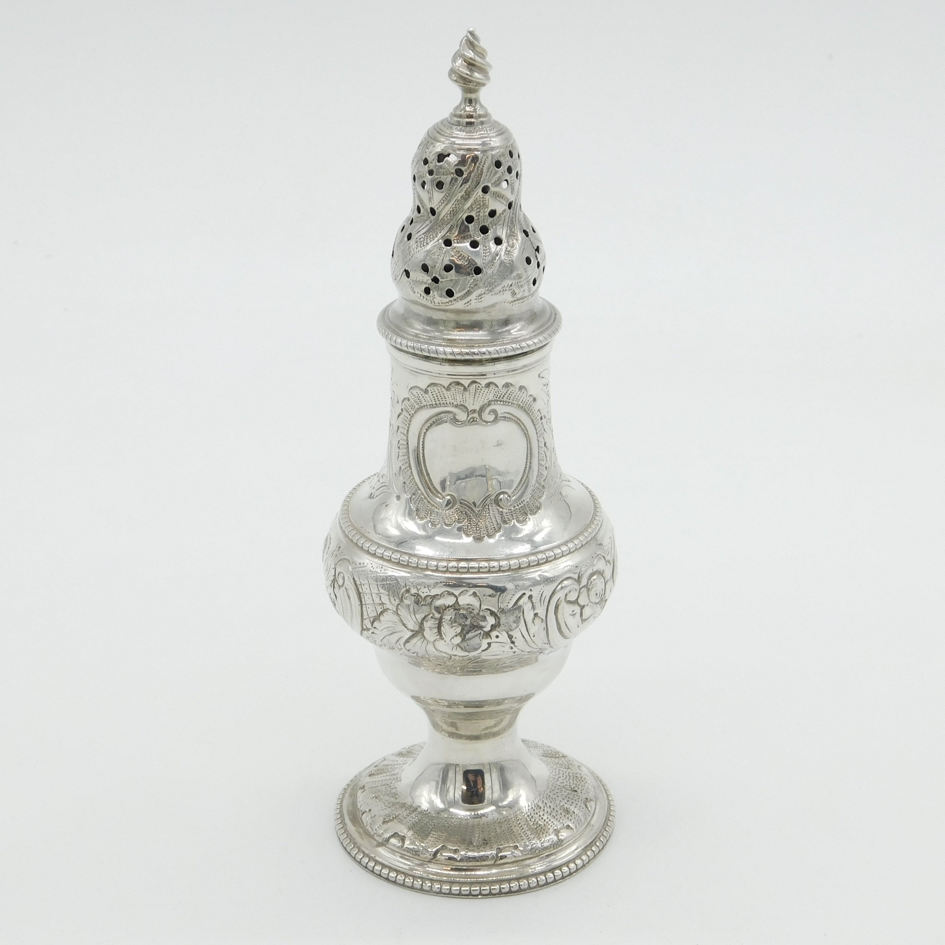 George III Sterling Silver Floral Pattern Pepper Shaker Antique 1781 London