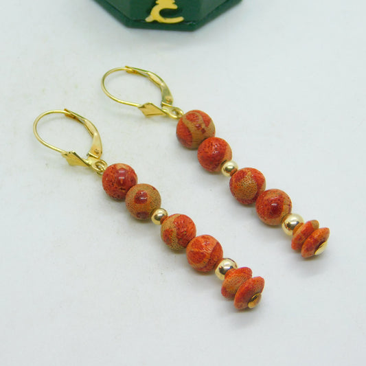 14ct Yellow Gold & Red Coral Beaded Drop Hook Earrings Vintage c1970