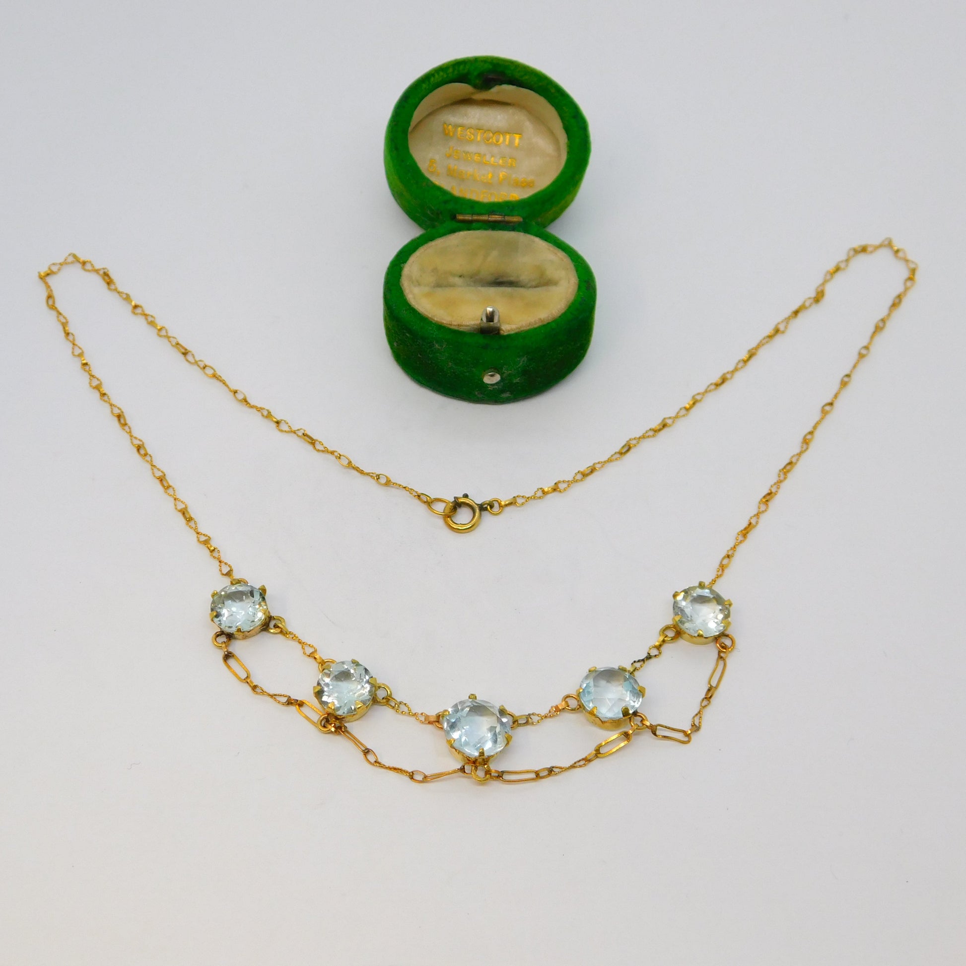 15ct Yellow Gold & Blue Topaz Set Dress Necklace Antique c1920 Art Deco