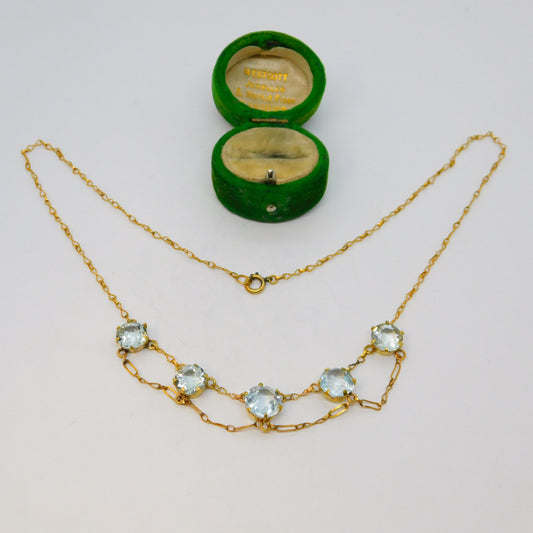 15ct Yellow Gold & Blue Topaz Set Dress Necklace Antique c1920 Art Deco