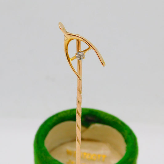 15ct Yellow Gold & Diamond Set Lucky Wishbone Stick Pin Antique c1890