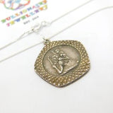 Sterling Silver Textured St Christopher Pendant Necklace Mid-Century c1950