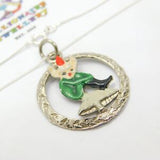 Sterling Silver Coloured Enamel Elf on a Mushroom Cut Out Pendant Necklace Vinta