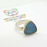 Sterling Silver Blue Frosted Glass Gemstone Ring Vintage c1970