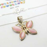 Sterling Silver & Pink Glass Butterfly Pendant Necklace Vintage c1970