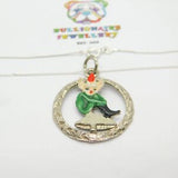 Sterling Silver Coloured Enamel Elf on a Mushroom Cut Out Pendant Necklace Vinta