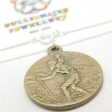 Sterling Silver St Christopher Thick Coin Pendant Necklace Mid-Century c1950