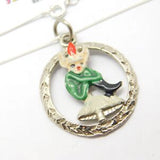 Sterling Silver Coloured Enamel Elf on a Mushroom Cut Out Pendant Necklace Vinta