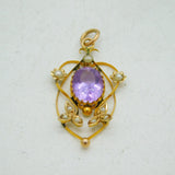 Edwardian 9ct Yellow Gold, Amethyst & Seed Pearl Lavalier Pendant Antique c1910s