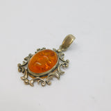 Sterling Silver Baltic Amber Oval Set Patterned Drop Charm Pendant Vintage c1970
