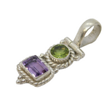 Sterling Silver, Peridot & Amethyst Set Drop Charm Pendant Vintage c1970s