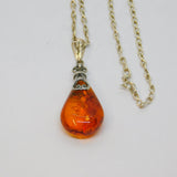 Sterling Silver Baltic Amber Pear Infinity Chain Pendant Necklace Modern c1990's