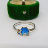 Sterling Silver & Blue Enamel Elephant Form Band Ring Vintage c1980