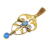 Edwardian 9ct Yellow Gold & Blue Paste Lavalier Pendant Antique c1910s
