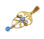 Edwardian 9ct Yellow Gold & Blue Paste Lavalier Pendant Antique c1910s