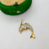 9ct Yellow Gold & Spinel Set Leaping Dolphin Charm Pendant Vintage c1970