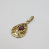 Sterling Silver Oval Cut Garnet Patterned Peardrop Charm Pendant Vintage c1970s
