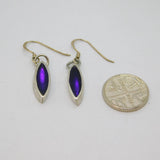 Pair of Sterling Silver Purple Foiled Glass Studio Drop Earrings Vintage c1970