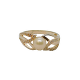Sterling Silver Pearl & Spinel Leaf Pattern Band Ring Modern c1990 Size N