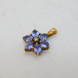9ct Yellow Gold, Tanzanite & Diamond Floral Drop Pendant Vintage London