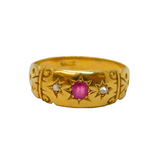 Victorian 18ct Yellow Gold, Ruby & Diamond Gypsy Ring Antique c1880s