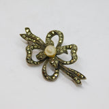 Sterling Silver Pearl & Marcasite Bow Form Art Deco Brooch Pin Antique c1930
