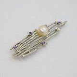 Sterling Silver 4 Amethyst & Pearl Nature Inspired Brooch/Pendant Modern c2000