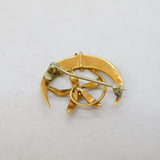 Victorian 9ct Gold & Seed Pearl Crescent Moon & Flower Brooch Antique c1890