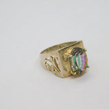Sterling Silver Green-Purple Mystic Crystal Signet Ring Vintage c1970 Size S 1/2