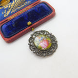 Georgian Iron Pyrite & Painted Porcelain Panel Brooch AF Antique c1820