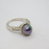 Sterling Silver Peacock Glass Pearl & CZ Cocktail Ring Vintage c1990 Size R 1/2