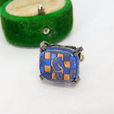 Base Metal & Blue Resin Chess Board Fob Charm Pendant Vintage c1970