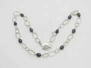 Long Sterling Silver & Simulated Pearl Dress Necklace with Bird Clasp Vintage