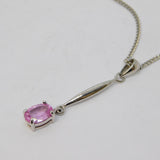 9ct White Gold & Oval Cut Pink Sapphire Drop Pendant Necklace Vintage